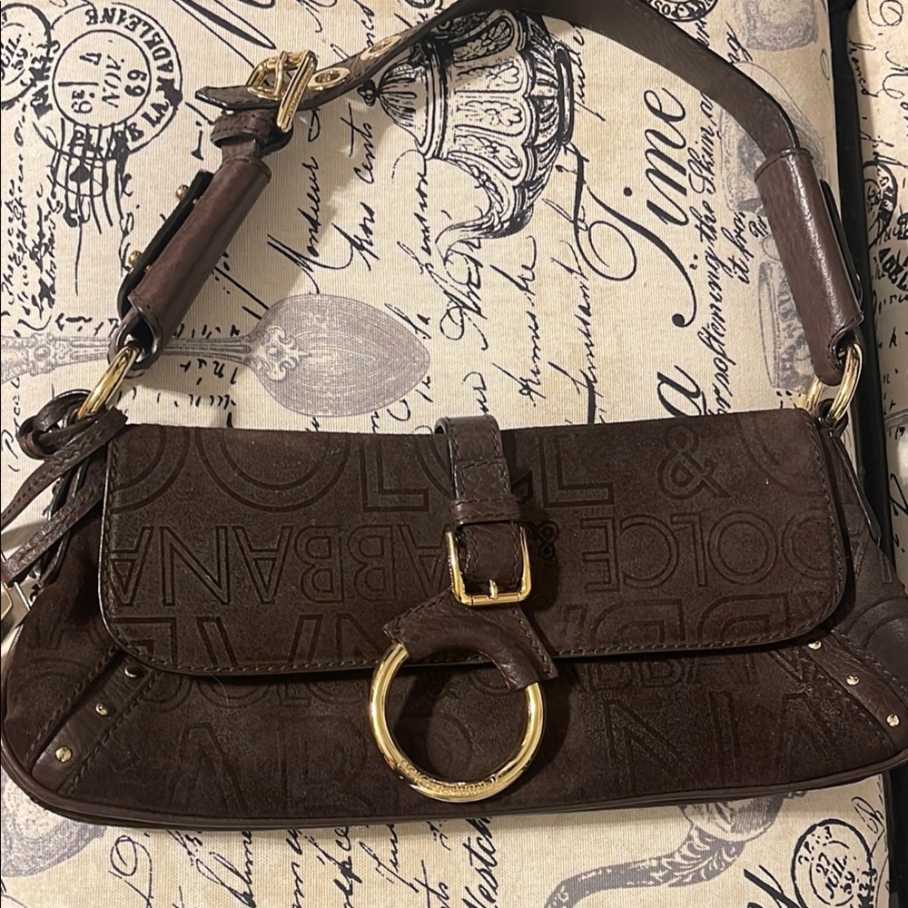 Dolce & Gabbana Brown Gold Shoulder Bag suede with logo detail all over